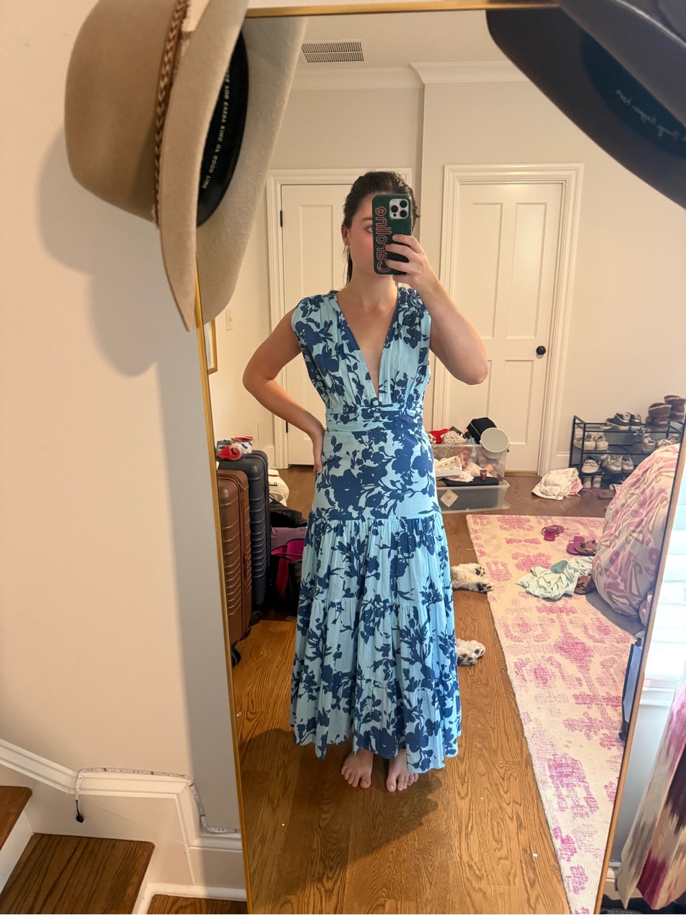 Light Blue Floral Maxi Dress with Plunging V-Neck